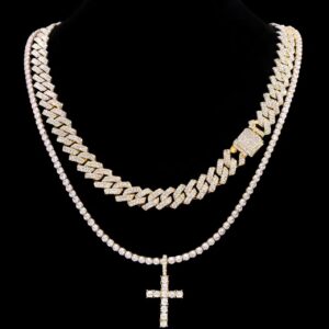 Iced Cuban Chain and Moissanite Tennis Necklace with Cross Pendant