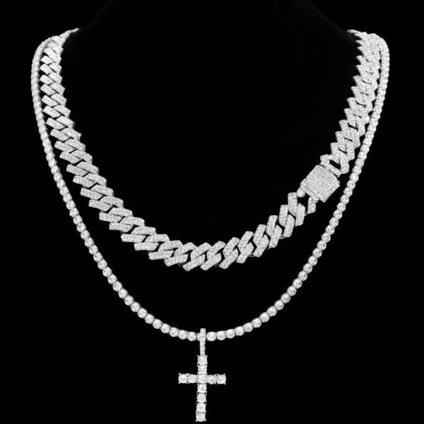 Iced Cuban Chain and Moissanite Tennis Necklace with Cross Pendant