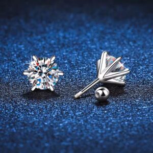Korey Moissanite Stud Earrings with round brilliant stones in 6-prong sterling silver setting on blue background