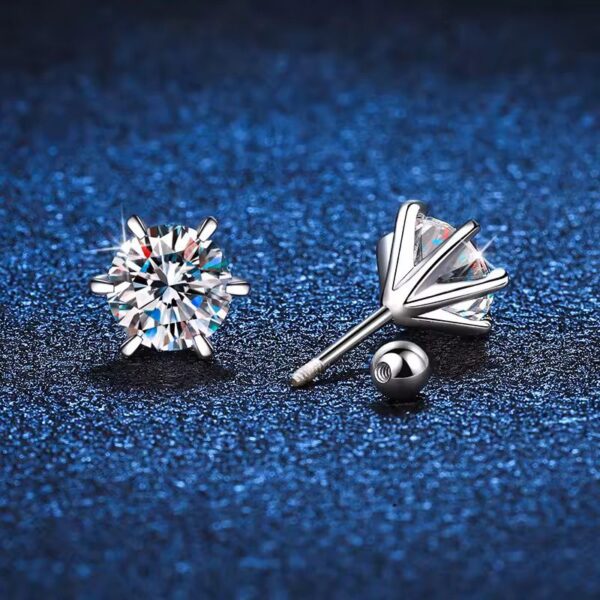 Korey Moissanite Stud Earrings with round brilliant stones in 6-prong sterling silver setting on blue background