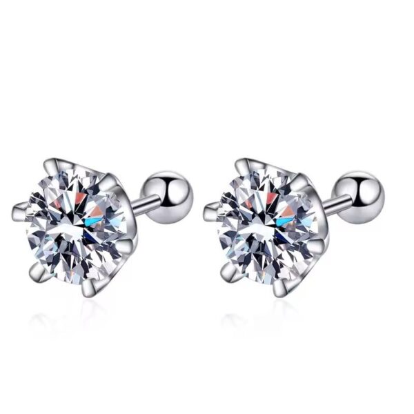 Korey Moissanite Stud Earrings with round brilliant stones in 6-prong sterling silver setting on white background