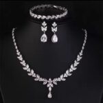 Leaf CZ Bridal Jewelry Set – Silver-tone necklace, earrings and bracelet with marquise cut stones in leaf design