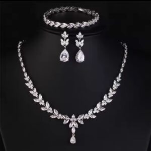 Leaf CZ Bridal Jewelry Set – Silver-tone necklace, earrings and bracelet with marquise cut stones in leaf design
