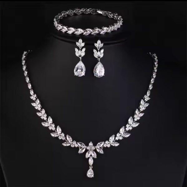 Leaf CZ Bridal Jewelry Set – Silver-tone necklace, earrings and bracelet with marquise cut stones in leaf design