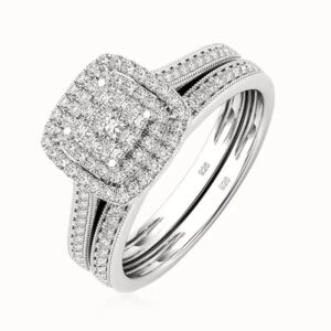 Sterling silver bridal ring set with cushion halo and pavé band