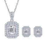 Rose Moissanite Necklace and Earring Set with Emerald Cut Stones on White Background