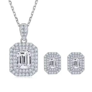 Rose Moissanite Necklace and Earring Set with Emerald Cut Stones on White Background