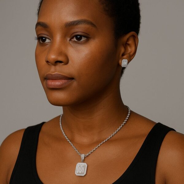 Rose Moissanite Necklace and Earring Set with Emerald Cut Stones on black model