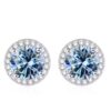 Tems Round Blue Moissanite Halo Stud Earrings on White Background