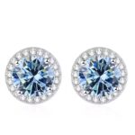 Tems Round Blue Moissanite Halo Stud Earrings on White Background
