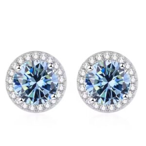 Tems Round Blue Moissanite Halo Stud Earrings on White Background