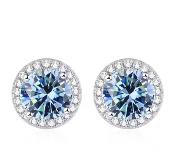 Tems Round Blue Moissanite Halo Stud Earrings on White Background