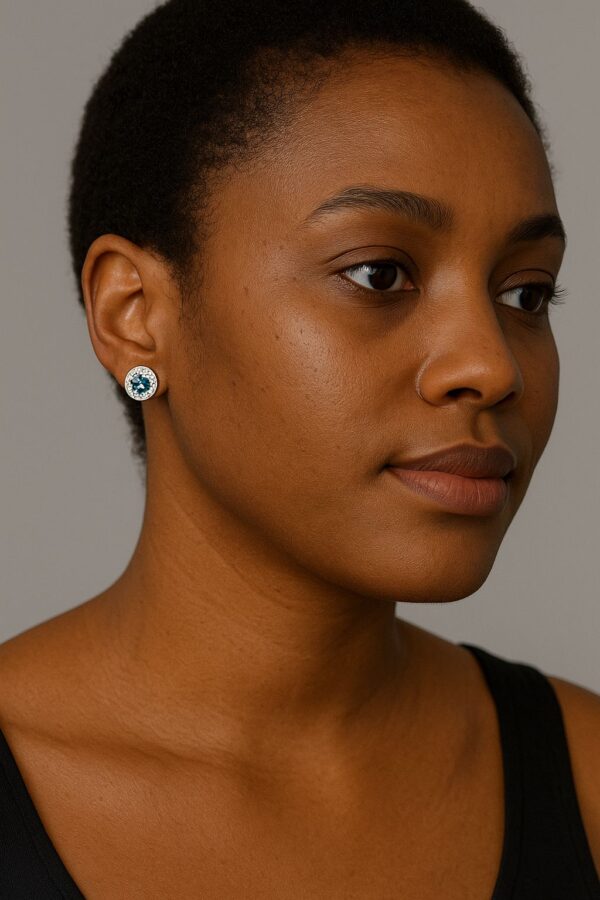 Tems Round Blue Moissanite Halo Stud Earrings on black model