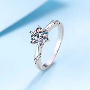 Wunmi Moissanite Sterling Silver Engagement Ring with Round-Cut Stone and CZ Side Accents
