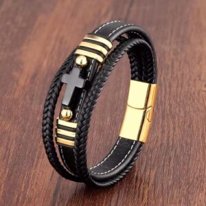 Men’s black leather cross bracelet with gold stainless steel accents and magnetic clasp
