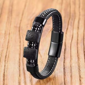 Men’s matte black lava stone bracelet with black leather band and magnetic clasp