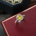 Jasmine Engagement Ring with yellow cushion-cut moissanite and halo setting on pavé sterling silver band