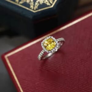 Jasmine Engagement Ring with yellow cushion-cut moissanite and halo setting on pavé sterling silver band